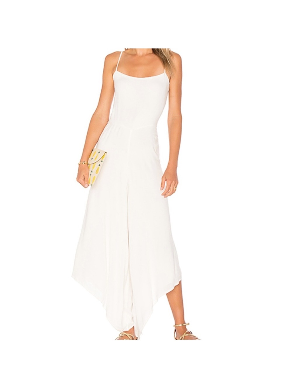 Indah Armand White Jumpsuit Small White Handkerchief Hem Asymmetrical Beachy